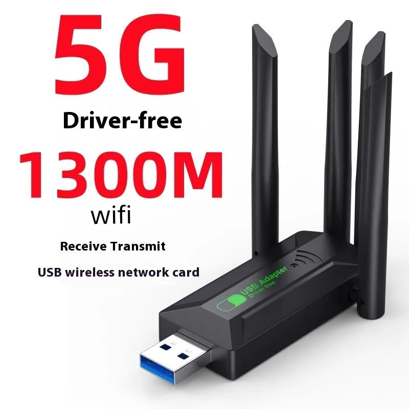 Black USB network transmitter with four extended antennas for computer wireless connectivity