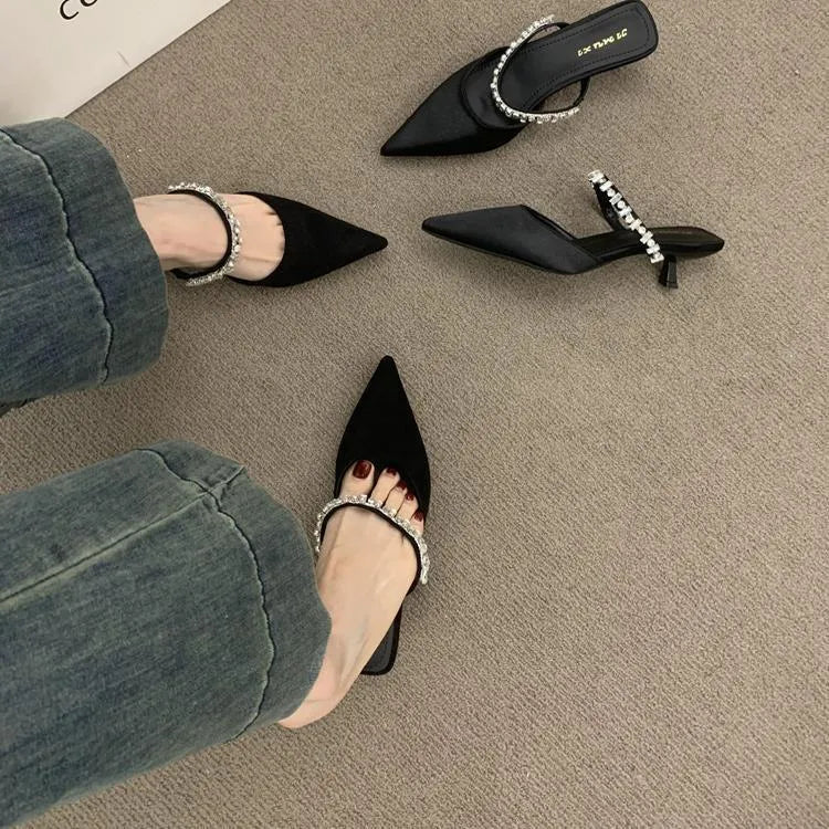 Black women's rhinestone pointed toe half slippers with suede upper and rubber sole