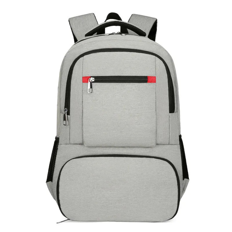 Light grey insulated Oxford cloth backpack with curved shoulder straps on a neutral background.