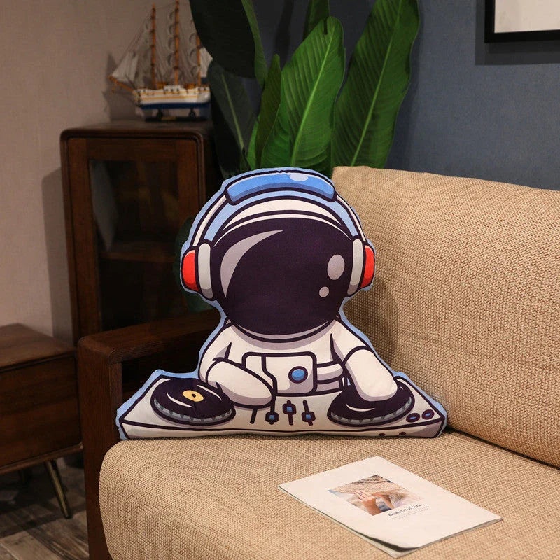 Cozy space-themed plush pillow with astronaut, rocket, and spacecraft motifs for kids