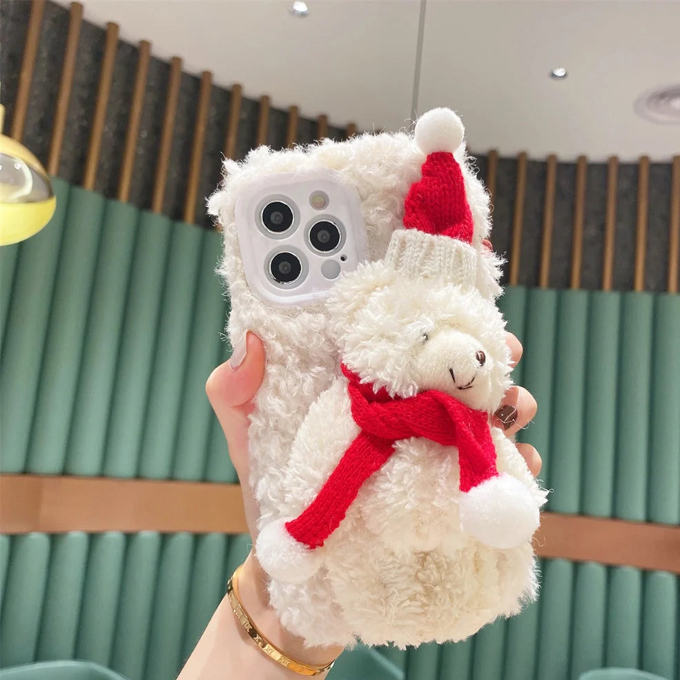White and brown Christmas bear plush iPhone case showing TPU construction and precise cutouts