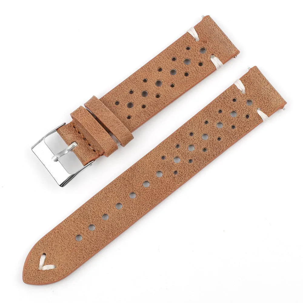Handmade retro genuine leather watch band in brown with contrast stitching, size 22mm
