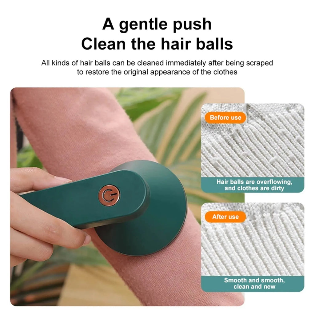White or green USB rechargeable electric lint remover for clothing with removable lint collector container.