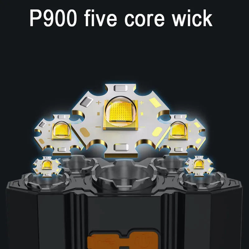Head-mounted LED miner's lamp with 10W light, adjustable strap, and charging cable on a light-colour background.