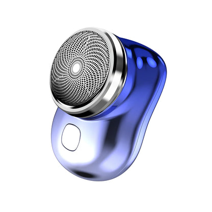 Compact electric mini shaver in cool silver with floating cutter head, 65.8 x 46 x 42mm size, rechargeable for 60+ minutes use