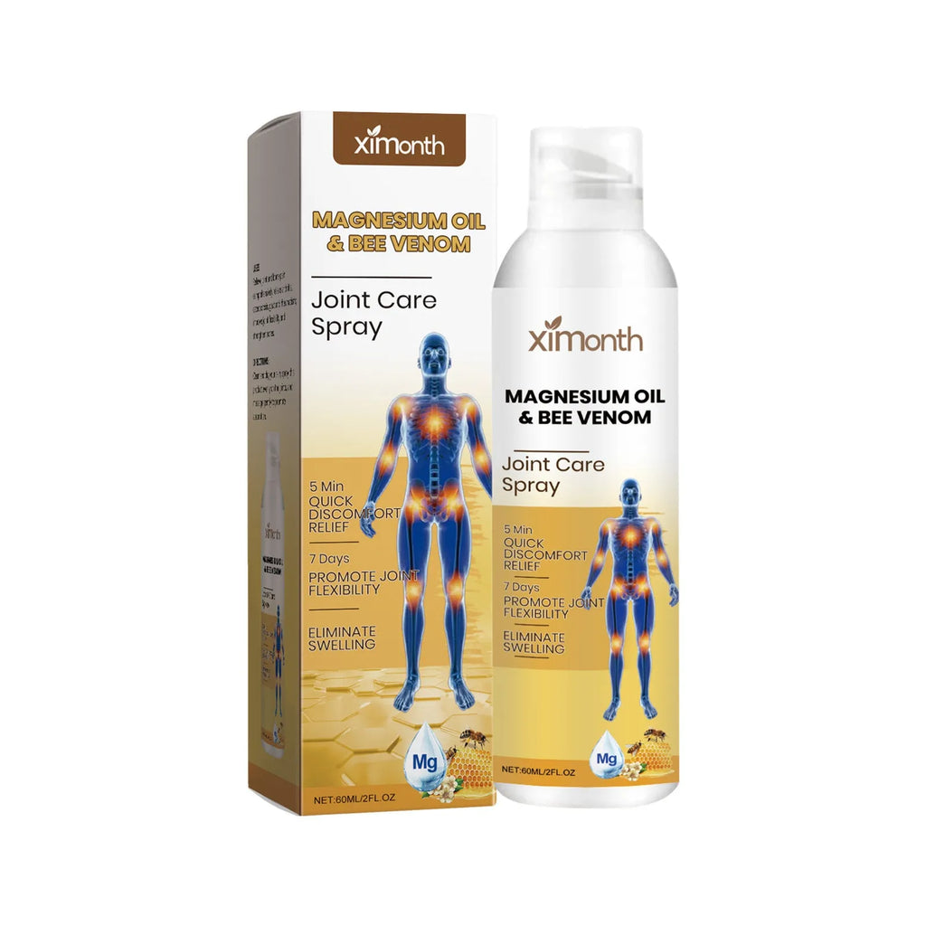 60ml bottle of joint care spray with menthol, coconut oil, and bee venom for topical use.