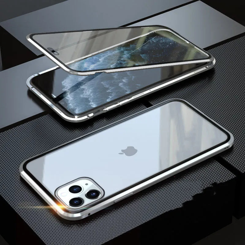 Glass anti-spy clamshell phone case in multiple colours for iPhone models.
