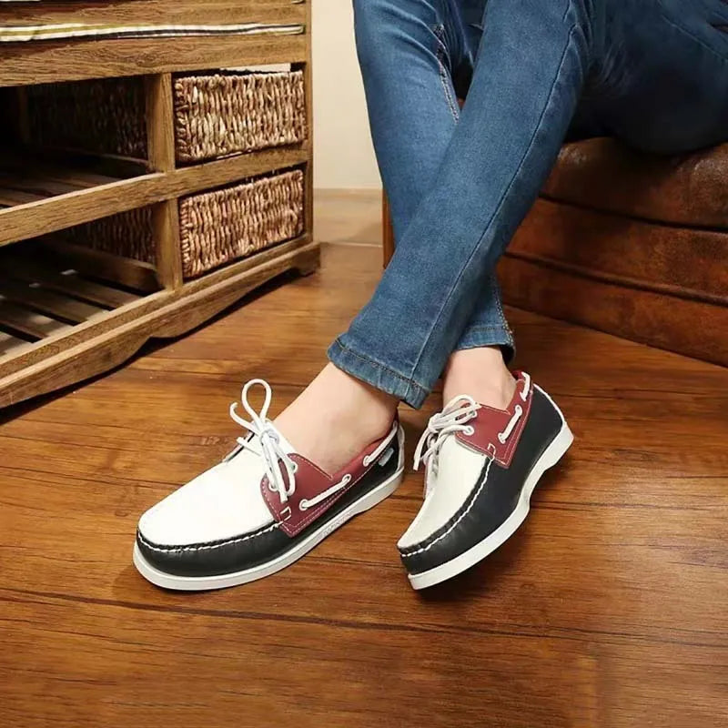 Men's flat-heel casual shoes with round toe in artificial PU, shown in solid colour options.