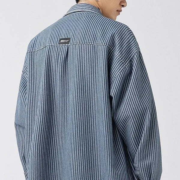 Blue men's denim shirt cardigan style with stripes on hanger
