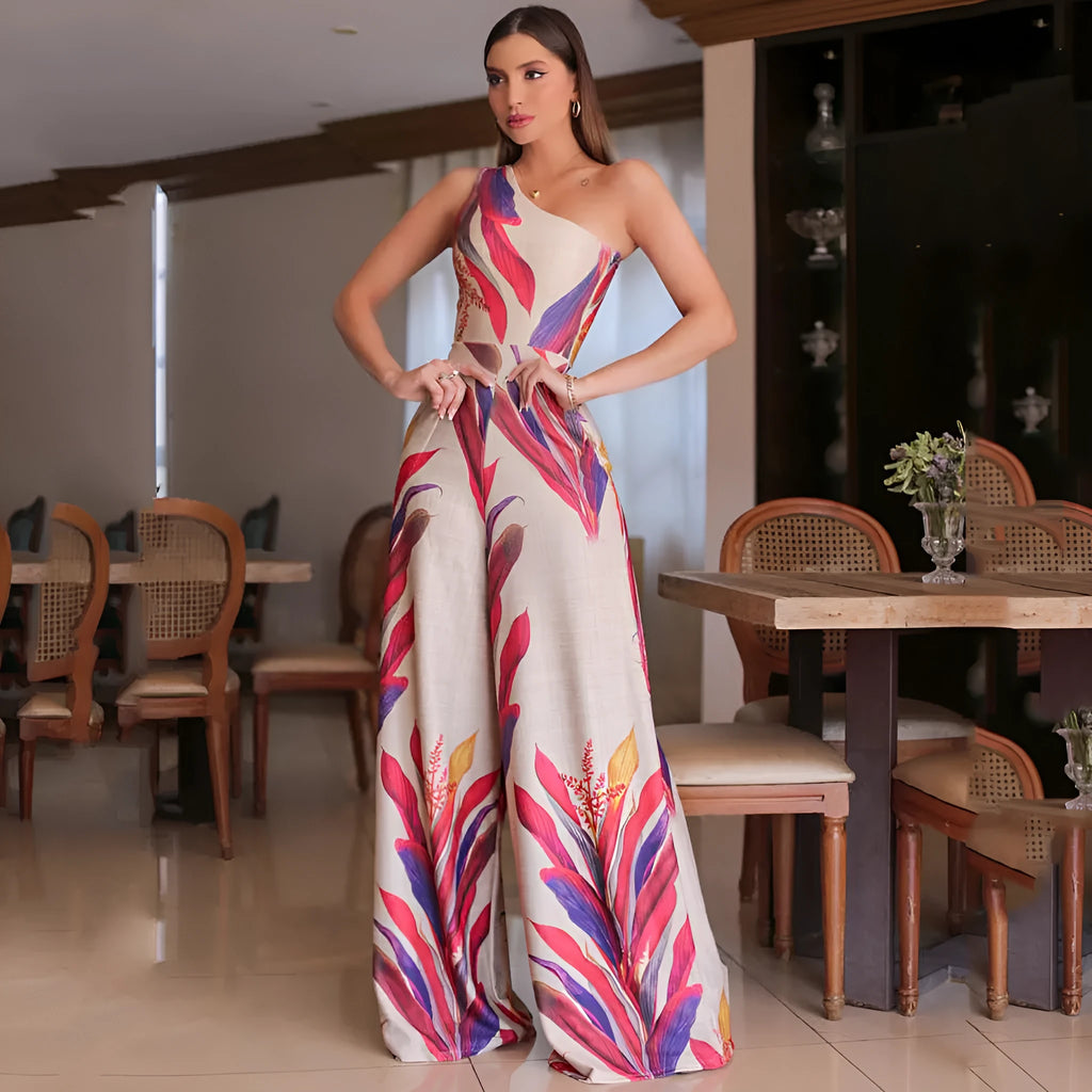 Women's one-shoulder printed sleeveless long dress in polyester, slim fit, urban style, available in sizes S to 3XL