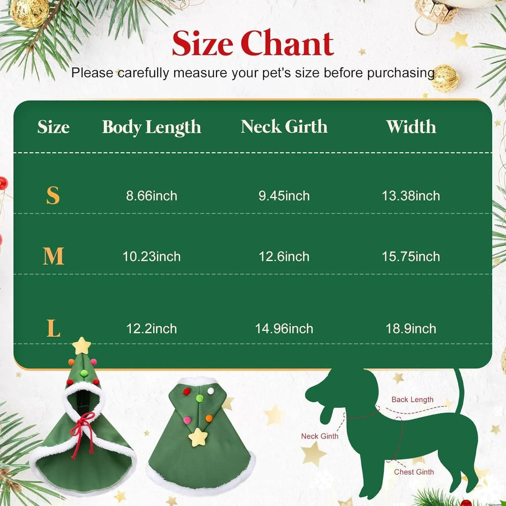 Cat wearing a velvet Christmas cape with star pattern and matching hat in brown, with adjustable tie rope visible