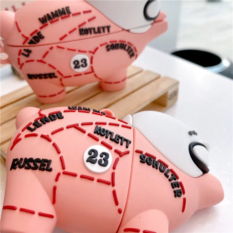 Pink piggy silicone earphone sleeve for AirPods with clamshell design and hook