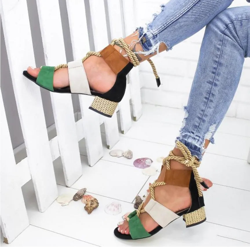 Women's suede sandals with thick heel, round head, and colour matching design in multiple colour options