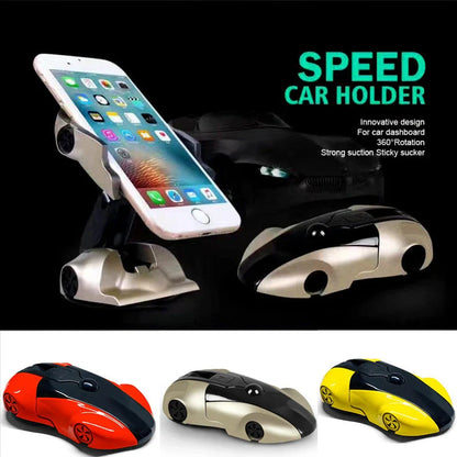 Sporty car-inspired phone mount with 360-degree rotation, strong suction, and silicone padding to protect your device