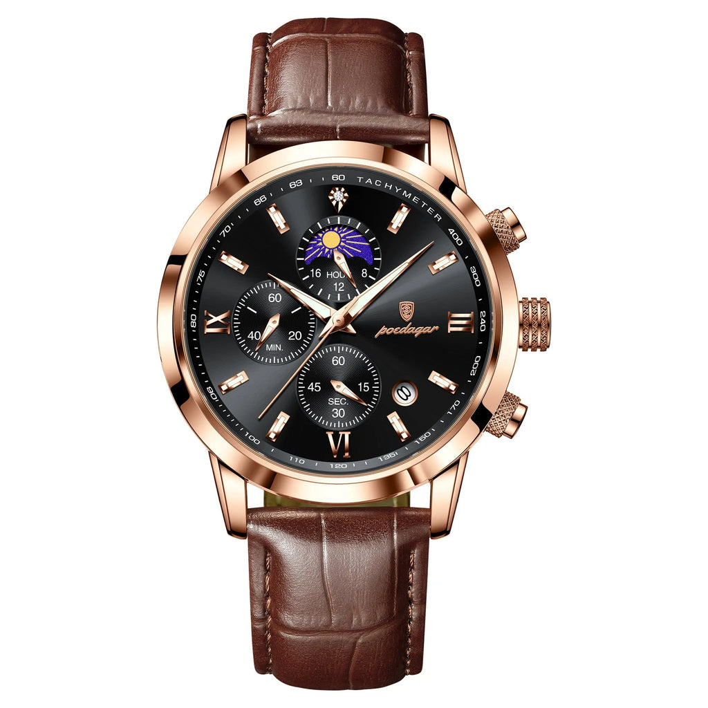 Men's watch with moon phase and chronograph, 42mm alloy case, mineral glass, rose gold case black dial