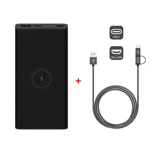 White or black 10000mAh power bank with USB port and wireless charging for tablets and phones.