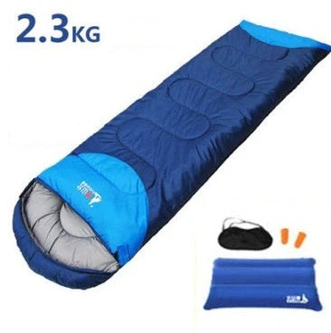 Blue camping sleeping bag with removable inner liner, compression straps, and waterproof 190T polyester shell