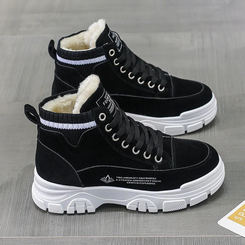 Ladies lace-up fashion sneakers with warm plush lining for winter wear