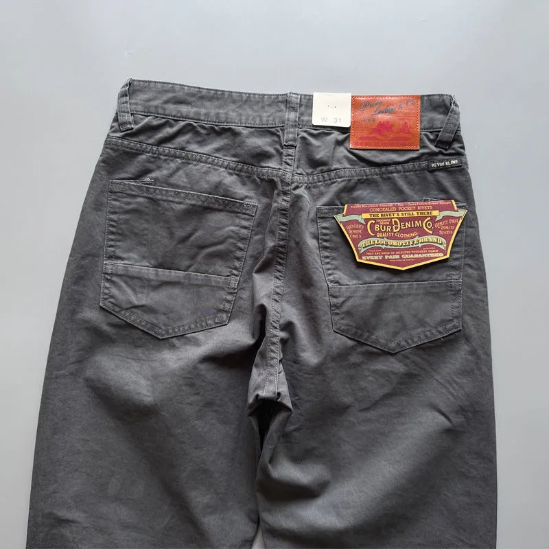 Men's straight-leg cotton casual trousers in grey, shown laid flat