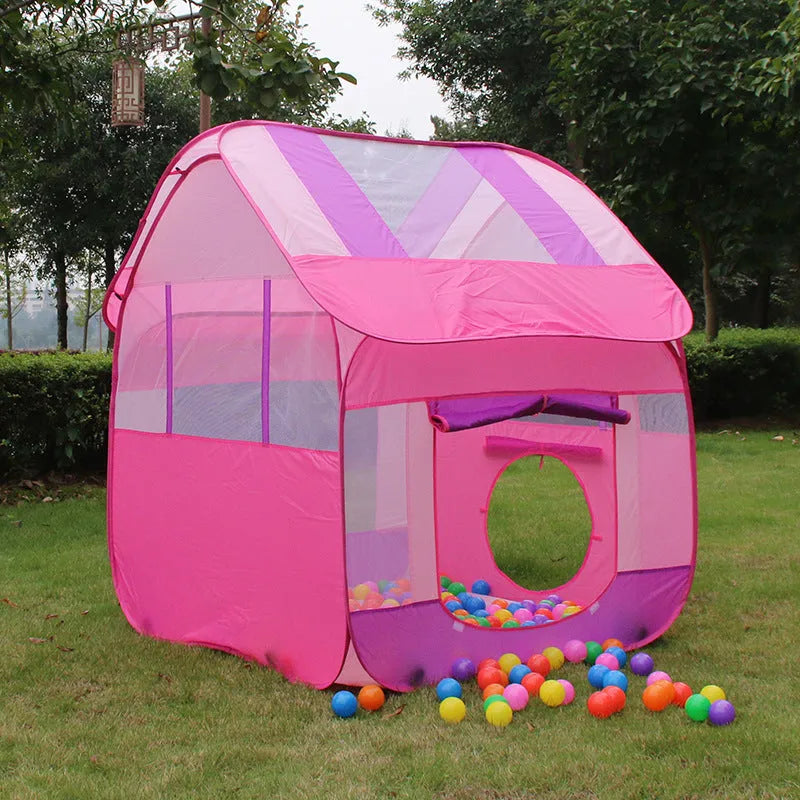 Large blue children's play tent with roll-up mosquito curtain in garden setting