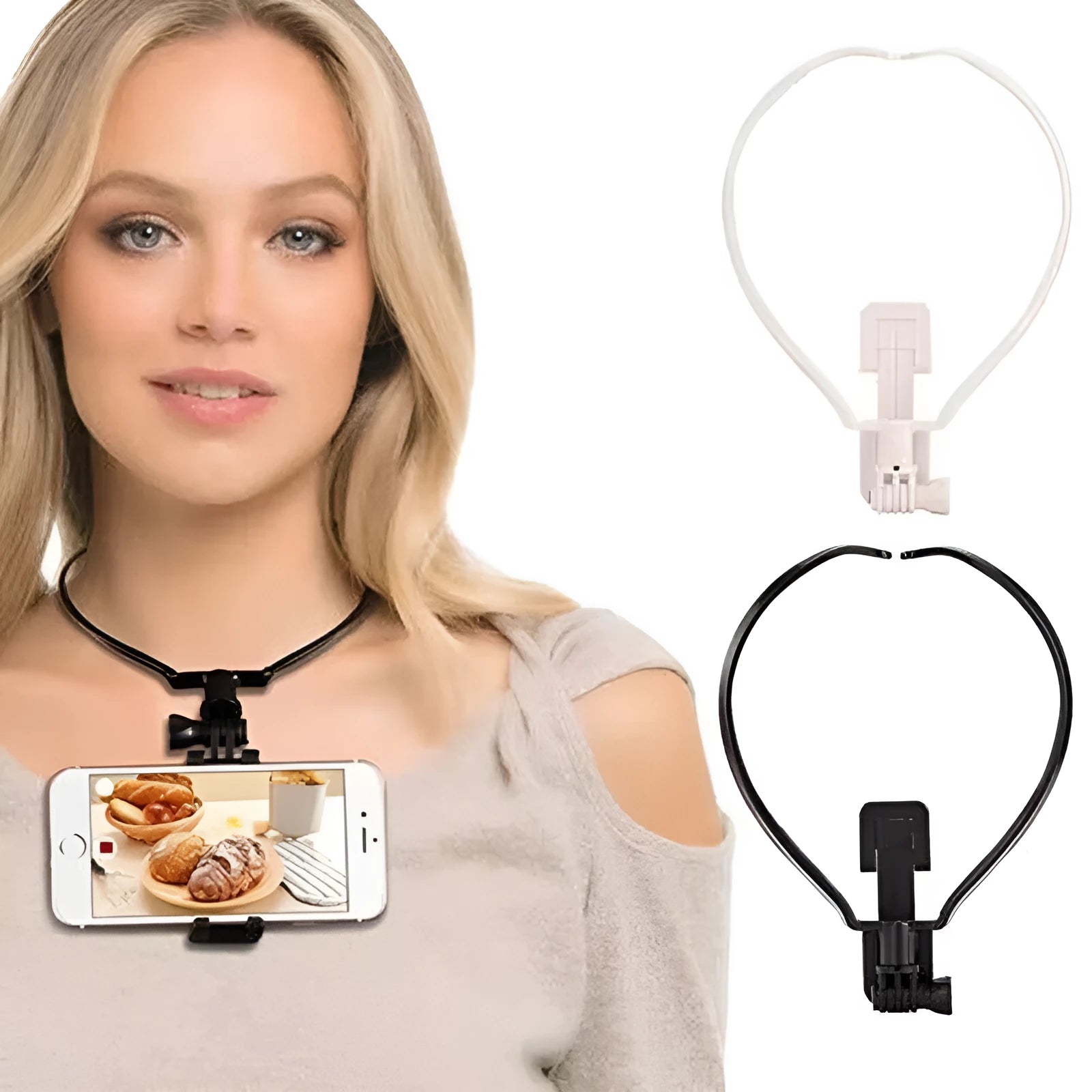 Black wearable neck phone holder showing adjustable angle and flexible ring for comfort.