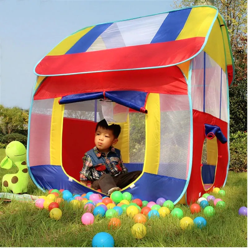 Large blue children's play tent with roll-up mosquito curtain in garden setting