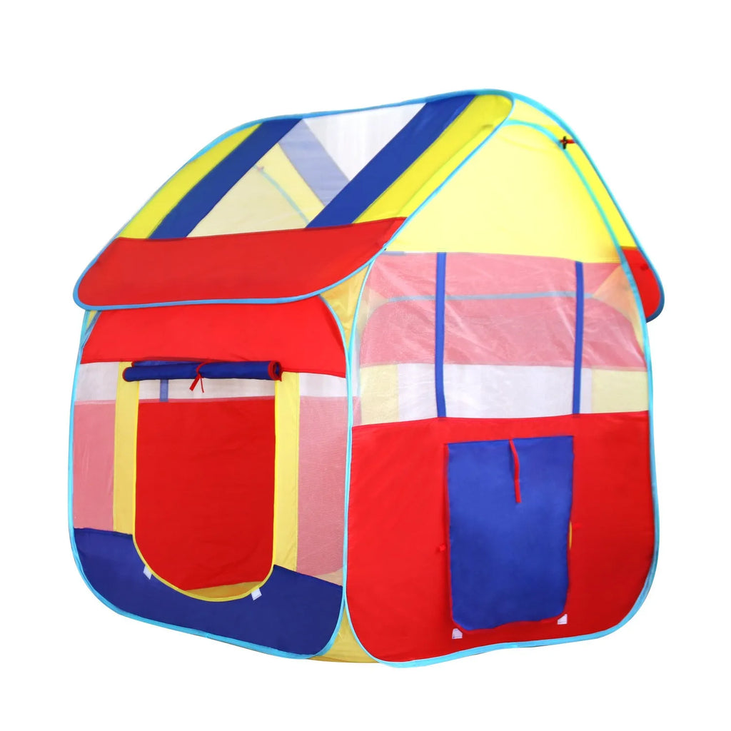 Large blue children's play tent with roll-up mosquito curtain in garden setting