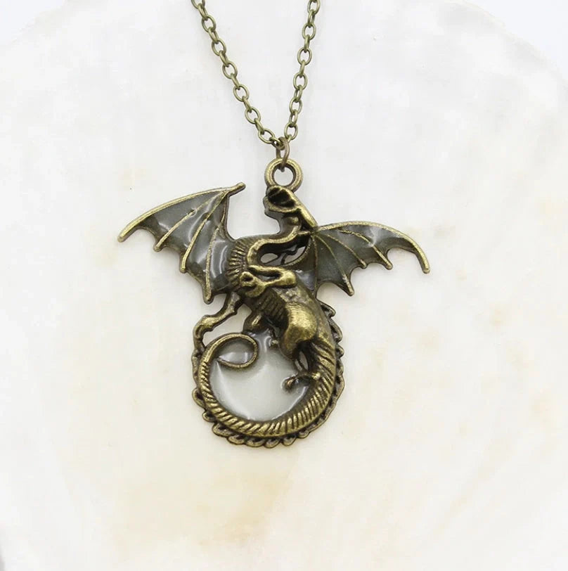 Glowing Vintage Flying Dragon Necklace with luminous pendant in ancient bronze and silver plating options