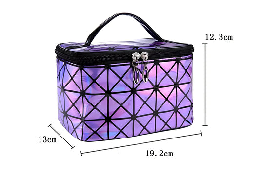 3D laser engraved cosmetic bag in blue, 19cm x 12cm x 13cm, with structured compartments for makeup storage