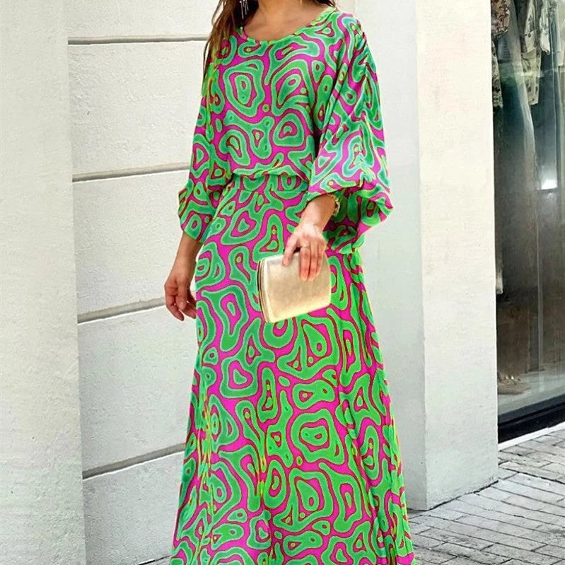 Women's loose printed long sleeve top and high waist long skirt set in various colours