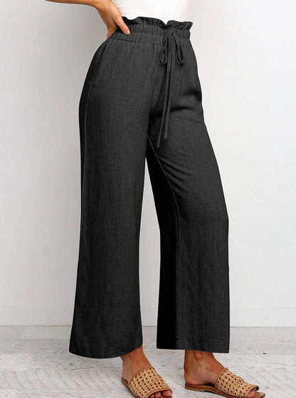 Elastic Waistband Lace-up Wide Leg Cropped Pants in various solid colours