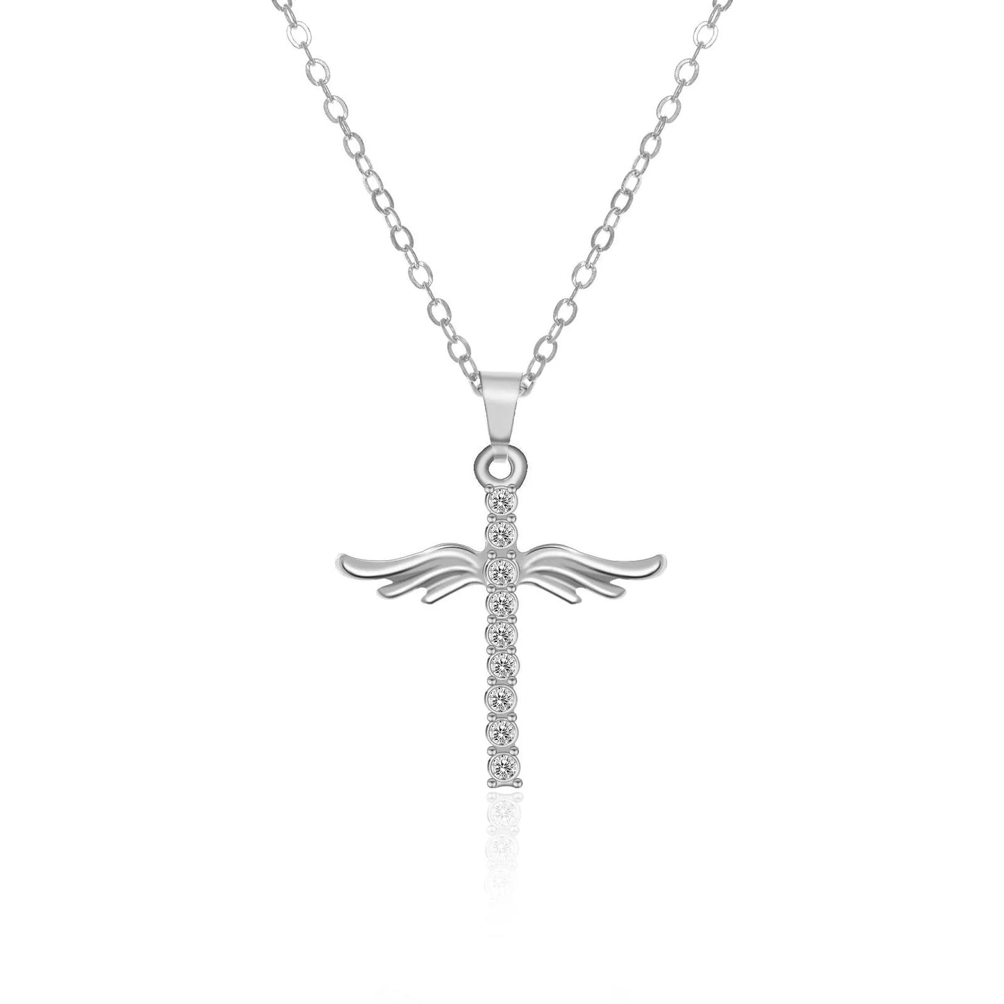 Elegant angel wings cross pendant necklace with adjustable snake-bone chain in gold and silver finishes