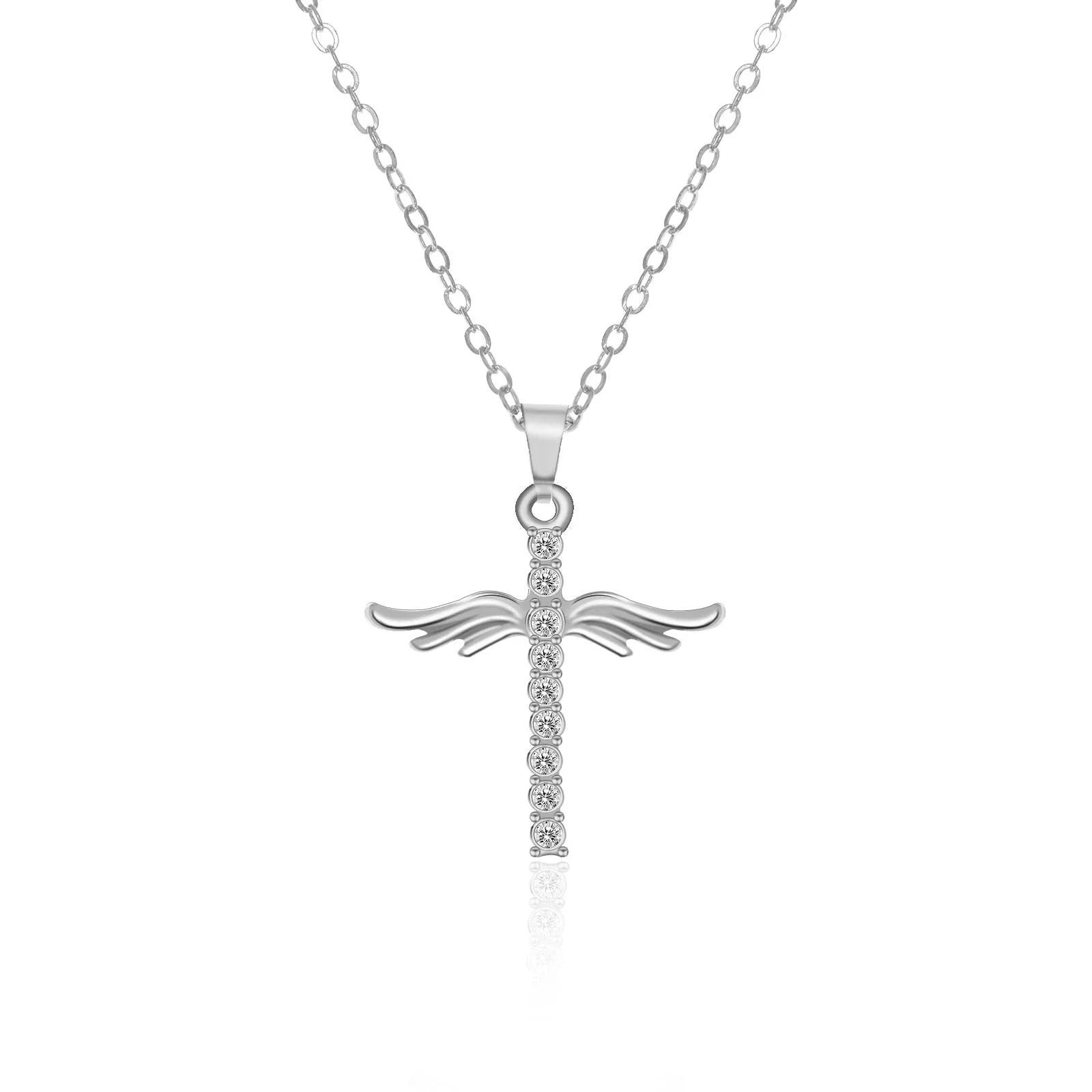 Elegant angel wings cross pendant necklace with adjustable snake-bone chain in gold and silver finishes