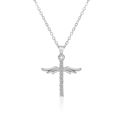 Elegant angel wings cross pendant necklace with adjustable snake-bone chain in gold and silver finishes