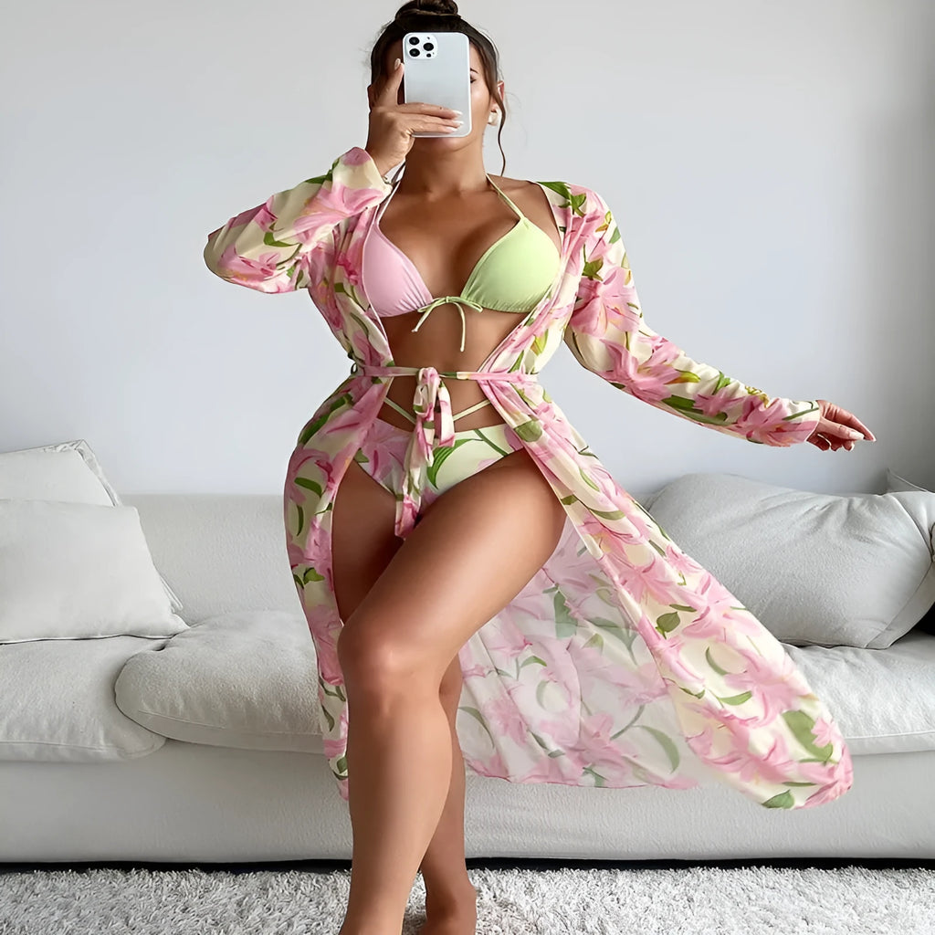 Women's printed bikini swimsuit top and bottom set on a neutral background.