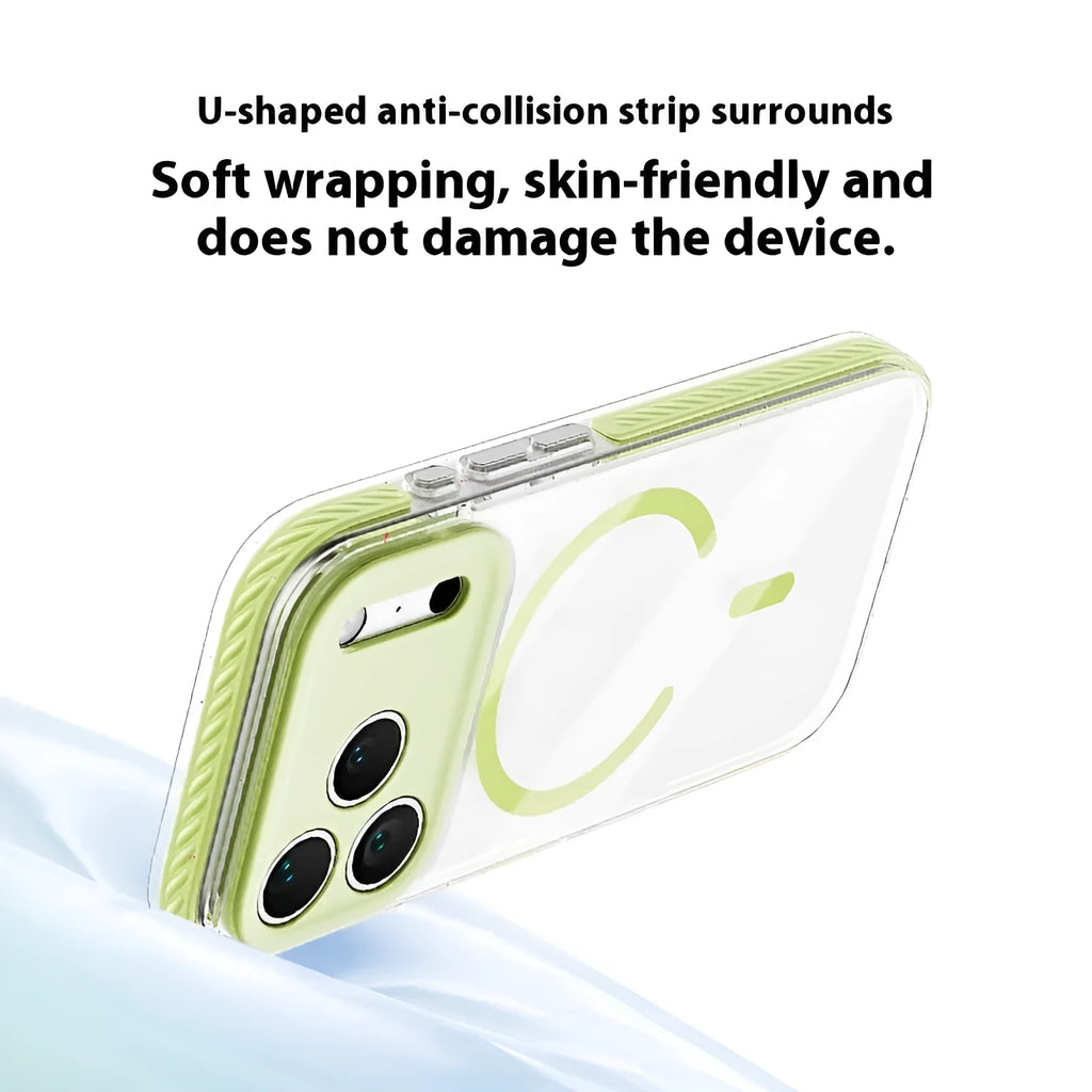 Transparent magnetic iPhone protective case showing sweet blue, candy green, and sweet orange colour options