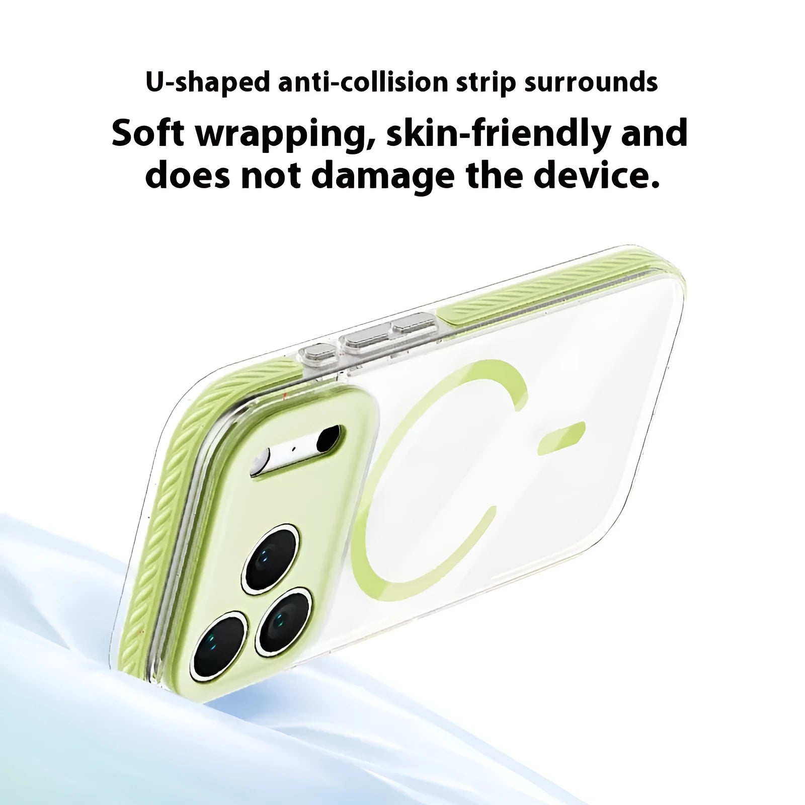 Transparent magnetic iPhone protective case showing sweet blue, candy green, and sweet orange colour options