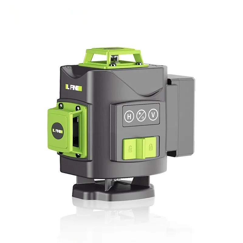 3D green laser level unit projecting 16 laser lines on a wall for construction alignment.