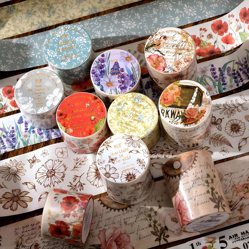 Roll of vintage style floral watercolour paper tape on a Japanese paper base, showing a 2 metre length.