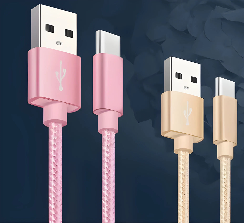 Nylon woven data cable in gold colour, compatible with Apple and Android, 1m length