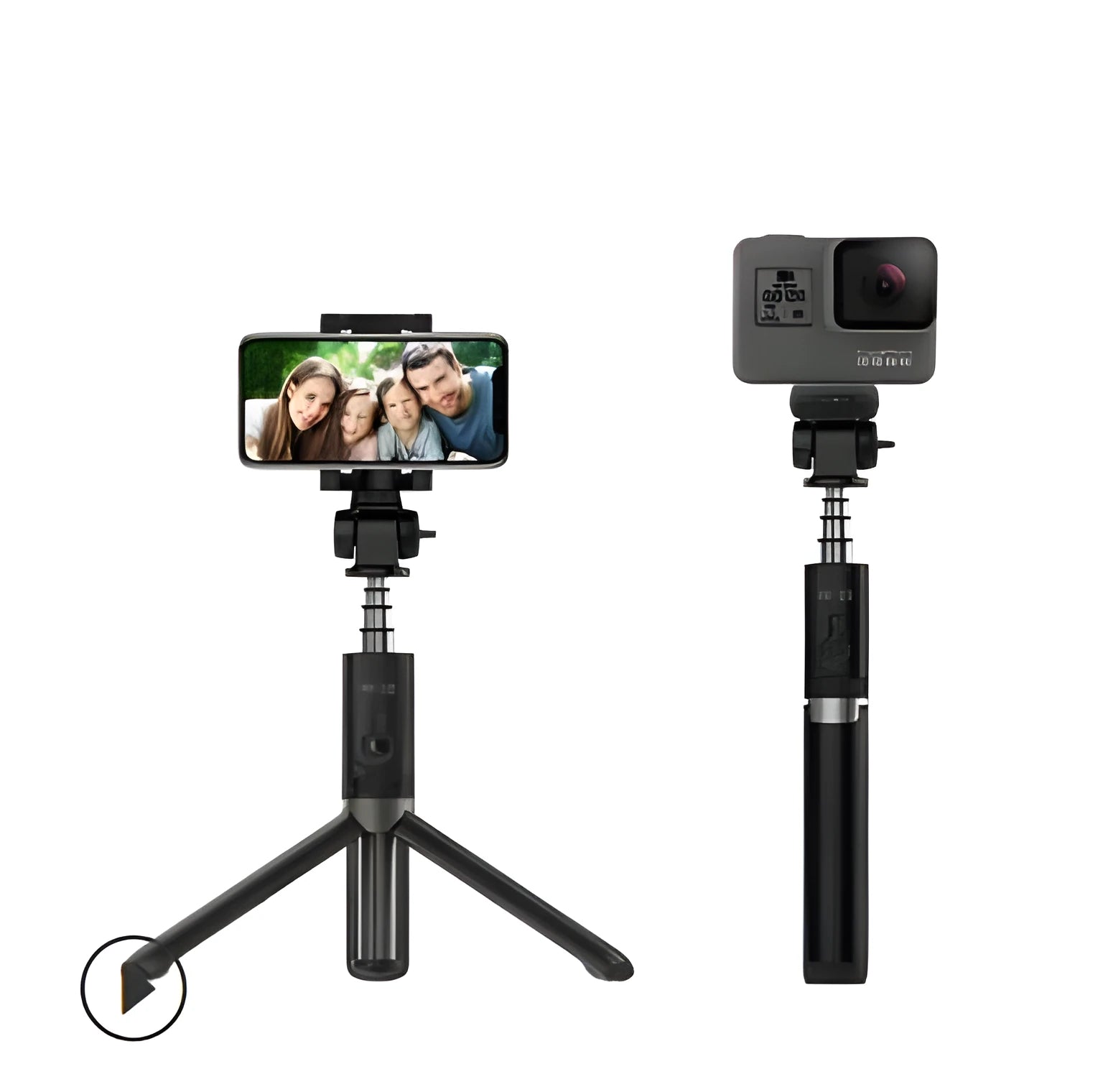 Aluminium telescopic Bluetooth selfie stick with tripod base and remote control next to a smartphone.
