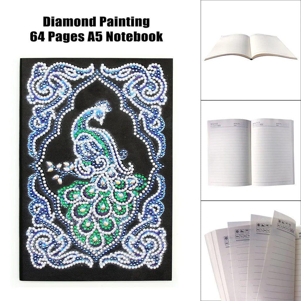 Black A5 diamond painting notebook with peacock design using shaped and bright drills.