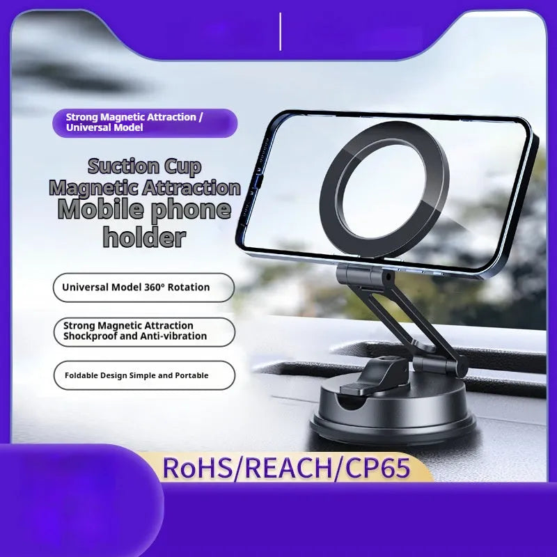Black car magnetic phone holder with suction cup mount for vehicle windscreen or dashboard attachment