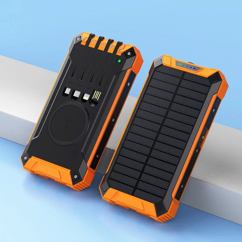 Portable solar power bank with wireless charging, plastic shell, 173x89x28mm, in orange black colour option.