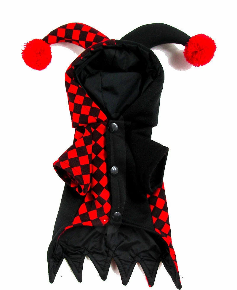 Halloween funny clown costume for dogs and cats, black and red design, includes hat and shirt