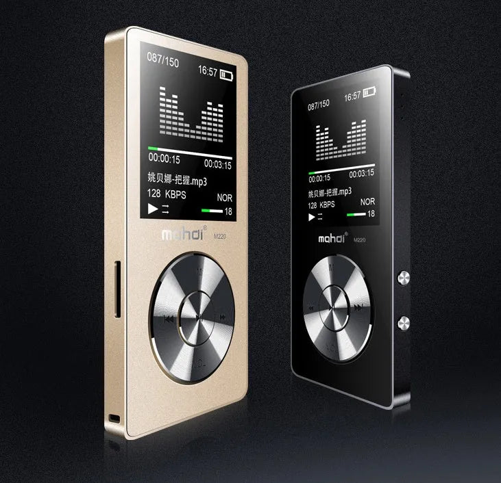 Gold all-metal MP3 music player with 1.8-inch screen showing music interface.