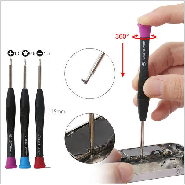 21 piece mobile phone disassembly tool kit with chrome vanadium steel screwdrivers and plastic spudgers on a flat surface