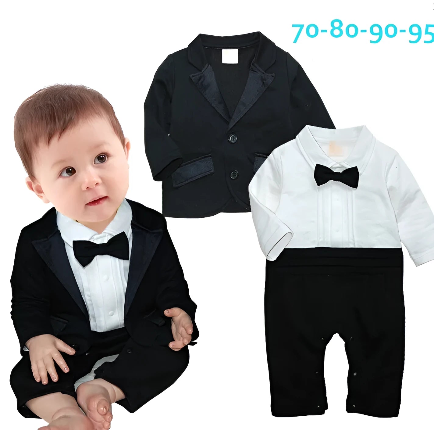 Baby boy gentleman dress long sleeve suit in black cotton fabric on white background