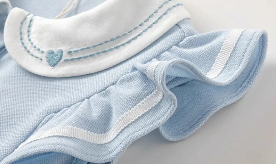 Blue girls polo dress in A-line style for summer, child sizes 110cm to 160cm, front view