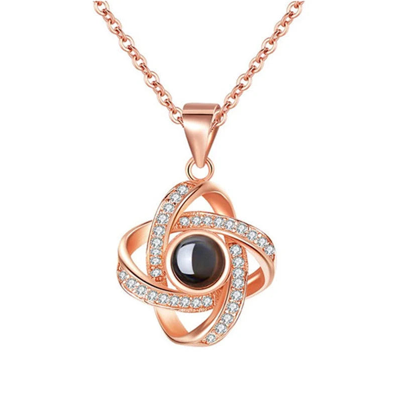 Original Projection Necklace with hidden love words in 100 languages, sterling silver, rose gold finish